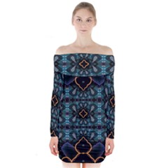 Blue Pattern Long Sleeve Off Shoulder Dress