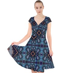 Blue Pattern Cap Sleeve Front Wrap Midi Dress