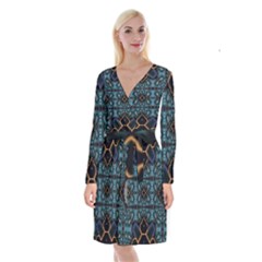 Blue Pattern Long Sleeve Velvet Front Wrap Dress