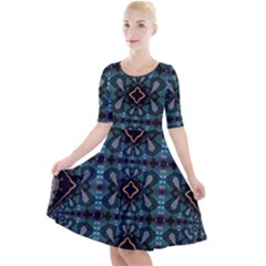 Blue Pattern Quarter Sleeve A-line Dress