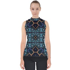 Blue Pattern Mock Neck Shell Top by Dazzleway