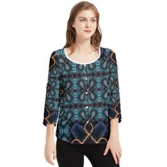 Blue Pattern Chiffon Quarter Sleeve Blouse