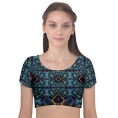 Blue Pattern Velvet Short Sleeve Crop Top  by Dazzleway