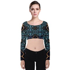 Blue Pattern Velvet Long Sleeve Crop Top