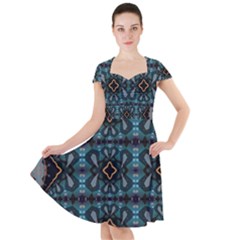 Blue Pattern Cap Sleeve Midi Dress