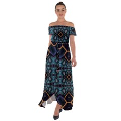 Blue Pattern Off Shoulder Open Front Chiffon Dress