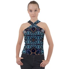 Blue Pattern Cross Neck Velour Top by Dazzleway