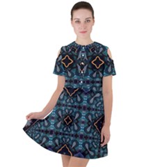 Blue Pattern Short Sleeve Shoulder Cut Out Dress 