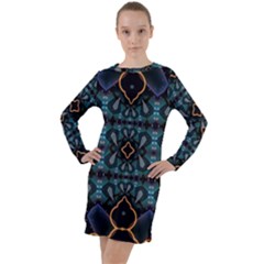 Blue Pattern Long Sleeve Hoodie Dress