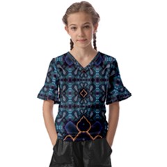 Blue Pattern Kids  V-neck Horn Sleeve Blouse by Dazzleway