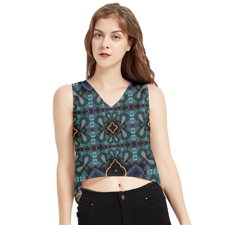 Blue pattern V-Neck Cropped Tank Top