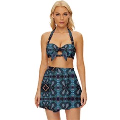 Blue Pattern Vintage Style Bikini Top And Skirt Set  by Dazzleway