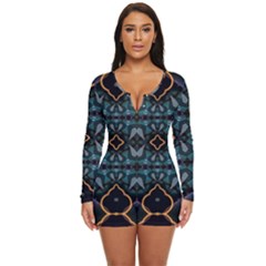 Blue Pattern Long Sleeve Boyleg Swimsuit