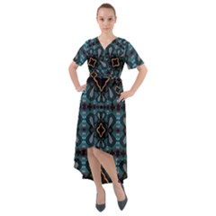 Blue Pattern Front Wrap High Low Dress