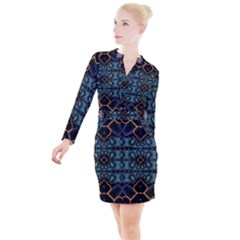 Blue Pattern Button Long Sleeve Dress by Dazzleway