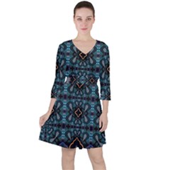 Blue Pattern Quarter Sleeve Ruffle Waist Dress by Dazzleway