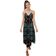 Blue Pattern Halter Tie Back Dress 