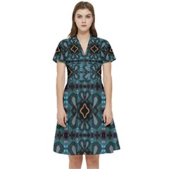 Blue Pattern Short Sleeve Waist Detail Dress by Dazzleway