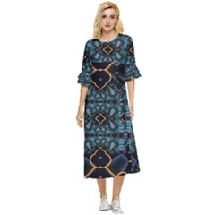 Blue Pattern Double Cuff Midi Dress