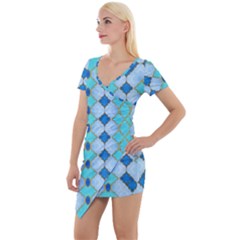 Turquoise Short Sleeve Asymmetric Mini Dress by Dazzleway