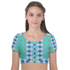 Turquoise Velvet Short Sleeve Crop Top  by Dazzleway