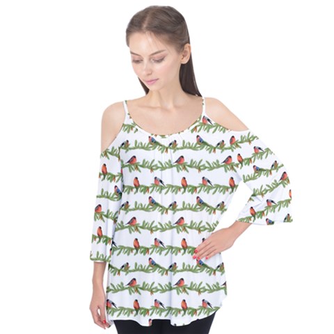 Bullfinches On The Branches Flutter Sleeve Tee  by SychEva