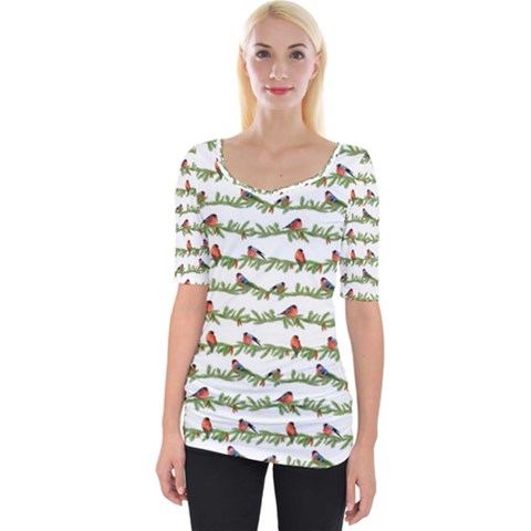 Bullfinches On The Branches Wide Neckline Tee by SychEva