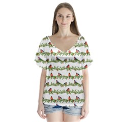 Bullfinches On The Branches V-neck Flutter Sleeve Top by SychEva