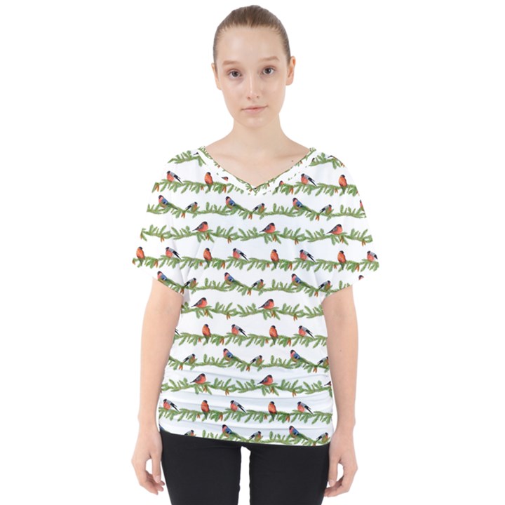 Bullfinches On The Branches V-Neck Dolman Drape Top