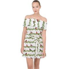 Bullfinches On The Branches Off Shoulder Chiffon Dress by SychEva