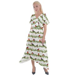 Bullfinches On The Branches Cross Front Sharkbite Hem Maxi Dress by SychEva