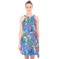 Bright Butterflies Circle In The Air Halter Collar Waist Tie Chiffon Dress by SychEva