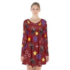 Krampus Kawaii Red Long Sleeve Velvet V-neck Dress