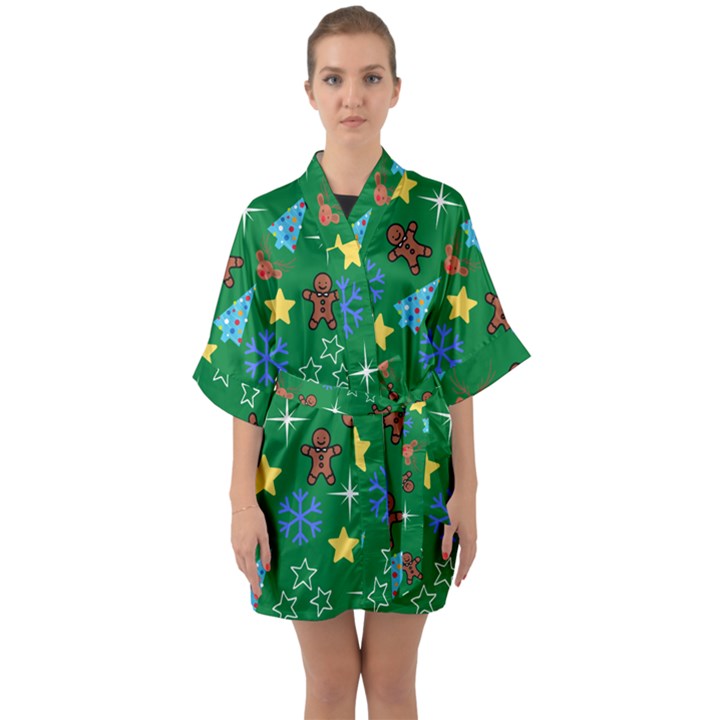 Gingy Green Half Sleeve Satin Kimono 