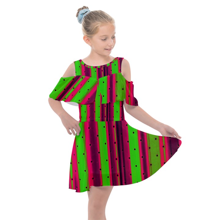 Warped Stripy Dots Kids  Shoulder Cutout Chiffon Dress