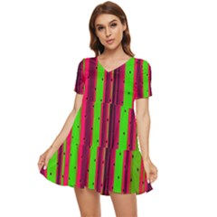 Warped Stripy Dots Tiered Short Sleeve Mini Dress