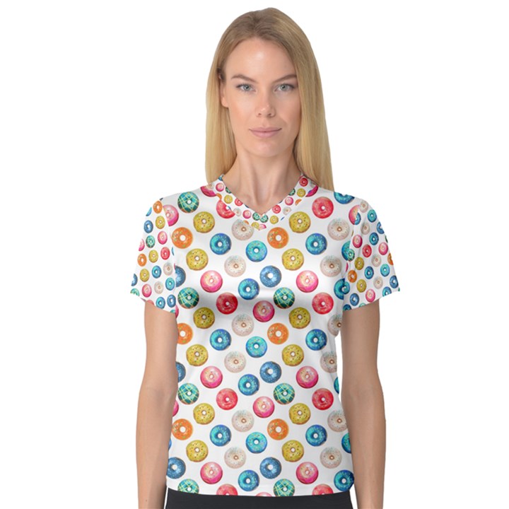 Multicolored Sweet Donuts V-Neck Sport Mesh Tee