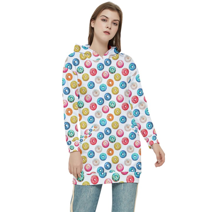 Multicolored Sweet Donuts Women s Long Oversized Pullover Hoodie