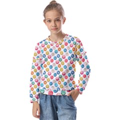 Multicolored Sweet Donuts Kids  Long Sleeve Tee With Frill 