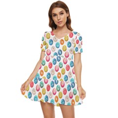 Multicolored Sweet Donuts Tiered Short Sleeve Mini Dress by SychEva