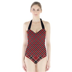 Dark Red Tartan, Retro Buffalo Plaid, Tiled Pattern Halter Swimsuit by Casemiro