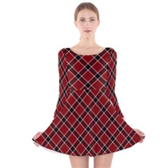 Dark Red Tartan, Retro Buffalo Plaid, Tiled Pattern Long Sleeve Velvet Skater Dress