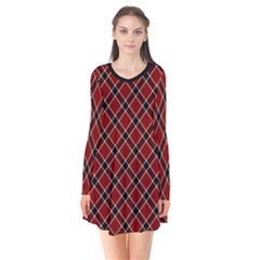 Dark Red Tartan, Retro Buffalo Plaid, Tiled Pattern Long Sleeve V-neck Flare Dress by Casemiro