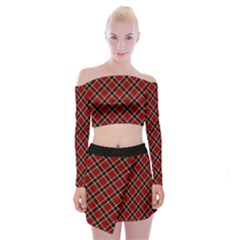 Dark Red Tartan, Retro Buffalo Plaid, Tiled Pattern Off Shoulder Top With Mini Skirt Set by Casemiro