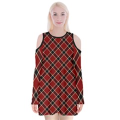 Dark Red Tartan, Retro Buffalo Plaid, Tiled Pattern Velvet Long Sleeve Shoulder Cutout Dress