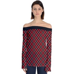 Dark Red Tartan, Retro Buffalo Plaid, Tiled Pattern Off Shoulder Long Sleeve Top by Casemiro