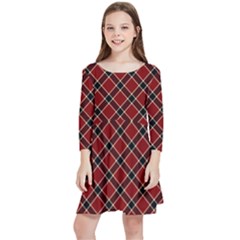 Dark Red Tartan, Retro Buffalo Plaid, Tiled Pattern Kids  Quarter Sleeve Skater Dress by Casemiro