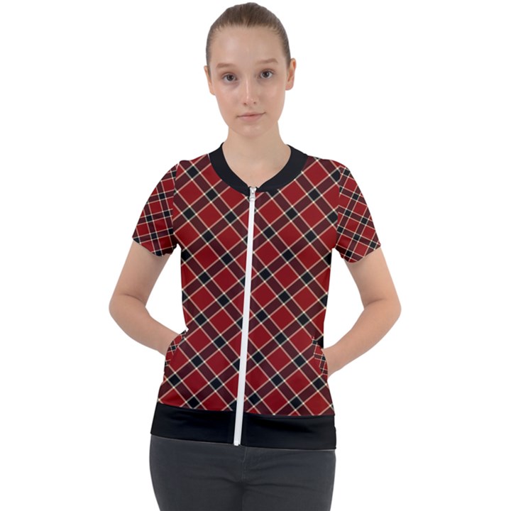 Dark red tartan, retro buffalo plaid, tiled pattern Short Sleeve Zip Up Jacket