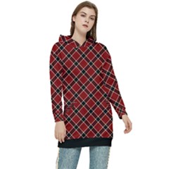 Dark Red Tartan, Retro Buffalo Plaid, Tiled Pattern Women s Long Oversized Pullover Hoodie