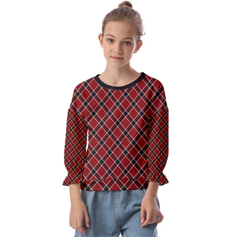 Dark Red Tartan, Retro Buffalo Plaid, Tiled Pattern Kids  Cuff Sleeve Top by Casemiro